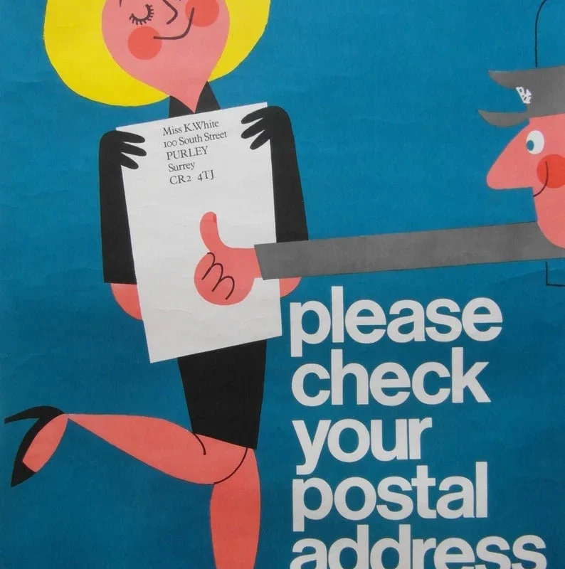 Original 1960s Harry Stevens Post Office Poster 'Please Check Your Postal Address'.