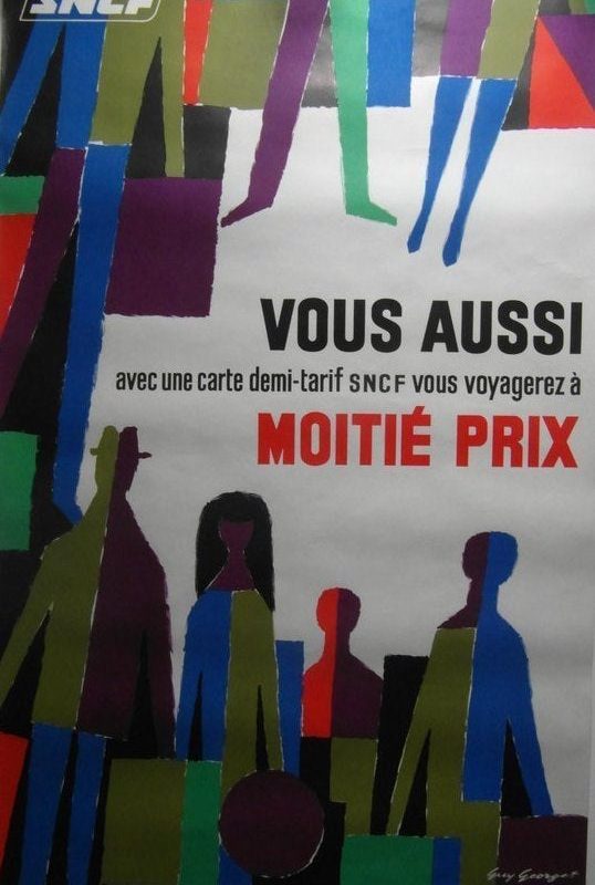Original 1966 Guy Georget French National Railways Poster 'Half Price' Fares