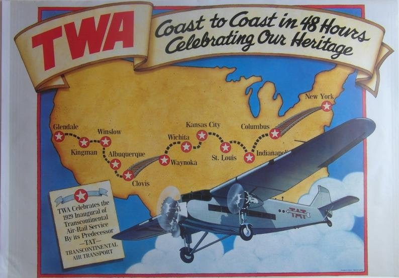 Original 1975 TWA Poster Celebrating the 1929 Inaugural Transcontinental Air- Rail Service