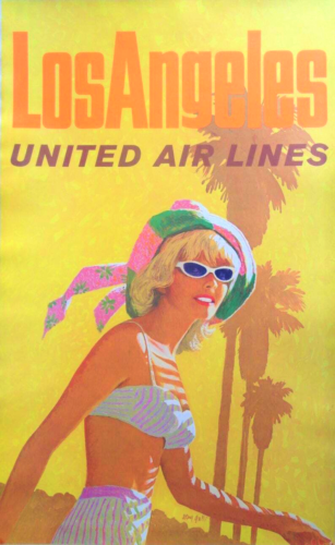Rare Original 1960 United Airlines Travel/Destination Poster 'Los Angeles' by Stan Galli